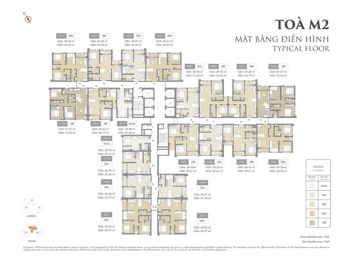 Mặt bằng điển hình tầng căn hộ tòa M2 với các loại hình căn hộ và diện tích chi tiết