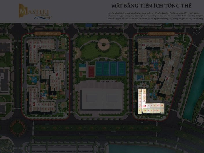 Mặt bằng tiện ích tổng thể khu căn hộ Masteri Waterfront, chi tiết các tòa nhà và không gian xanh