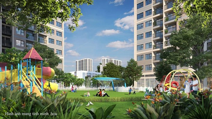 Góc nhìn từ công viên xanh mát đến khu vui chơi trẻ em với nhiều trò chơi đa dạng và các tòa nhà chung cư phía sau