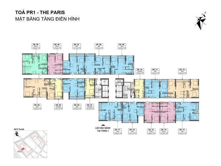 Mặt bằng tầng điển hình tòa PR1 The Paris với các căn hộ được đánh số và diện tích