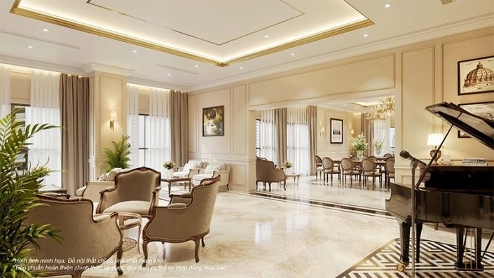 Nội thất phòng khách sang trọng với đàn piano và bộ sofa cổ điển