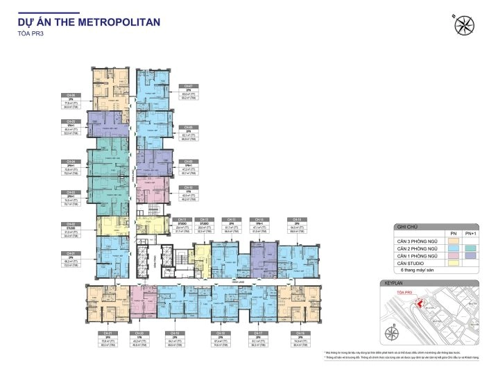 Mặt bằng căn hộ điển hình Tòa PR3 dự án The Metropolitan với các loại căn 1, 2, 3 phòng ngủ và studio