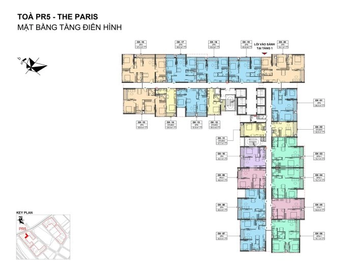 Mặt bằng tầng điển hình tòa PR5 The Paris với bố trí các căn hộ chi tiết