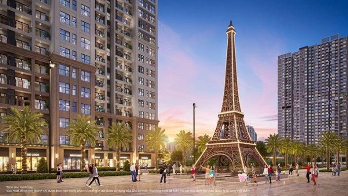 Quảng trường với tháp Eiffel mô phỏng và các tòa nhà căn hộ thương mại sầm uất