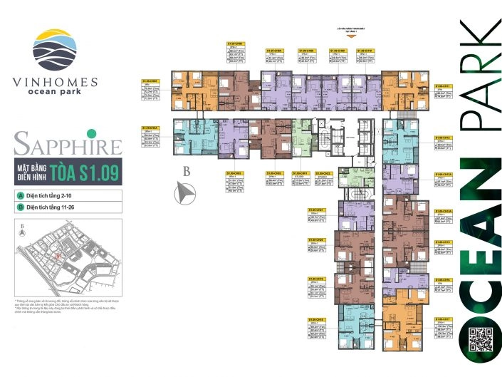 Mặt bằng điển hình tầng 2-10 và 11-26 của tòa S1.09 Vinhomes Ocean Park Sapphire, hiển thị chi tiết các căn hộ và diện tích.