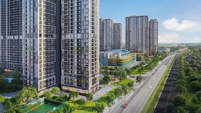 Toàn cảnh khu đô thị với các tòa nhà cao tầng, đường lớn và công viên cây xanh