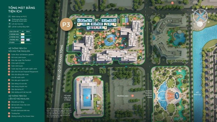 Sơ đồ tổng mặt bằng tiện ích khu căn hộ P3 và các khu vực lân cận, bao gồm công viên, trường học và quảng trường
