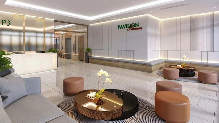 Nội thất sảnh lễ tân hiện đại với quầy tiếp tân, khu vực chờ có ghế sofa và bàn trà, logo Pavilion trên tường