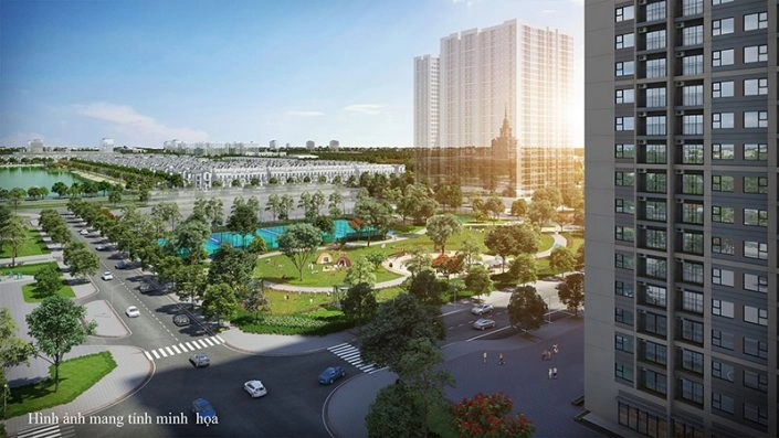 Toàn cảnh khu đô thị với các tòa nhà cao tầng, công viên cây xanh, đường giao thông và hồ nước