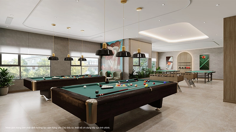 Phòng giải trí nội khu với bàn bi-a, bàn bi lắc và bàn bóng bàn, phục vụ nhu cầu vui chơi của cư dân