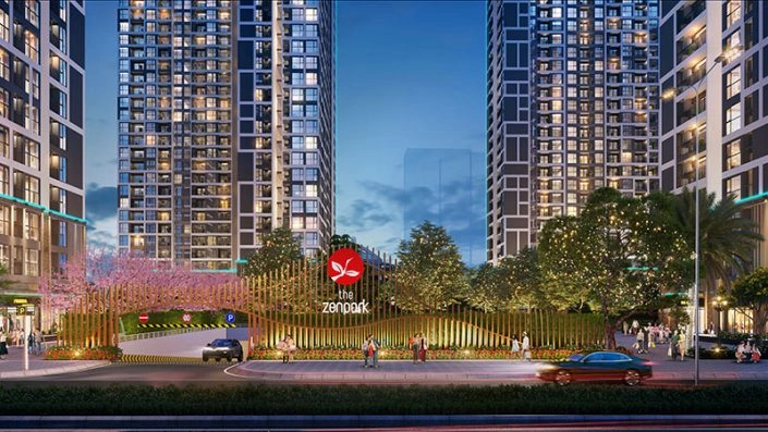 Cổng chào khu căn hộ The Zenpark với kiến trúc Nhật Bản và cây xanh