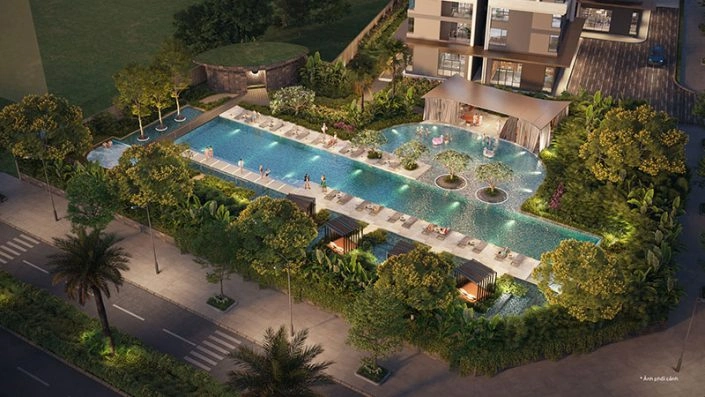 Toàn cảnh hồ bơi vô cực và khu vực thư giãn ngoài trời với ghế tắm nắng, cây xanh bao quanh tại Masteri Lakeside