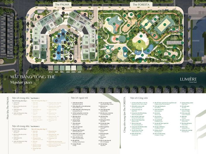 Mặt bằng tổng thể dự án Lumière Orient Pearl, phân chia rõ ràng khu căn hộ The Palma và công viên tiện ích The Foresta