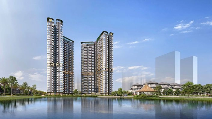 Phối cảnh dự án Lumière Orient Pearl nhìn từ mặt hồ, phản chiếu hình ảnh các tòa tháp chung cư cao tầng