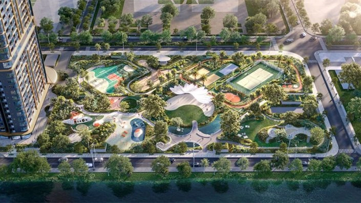 Toàn cảnh công viên tiện ích nội khu The Foresta nhìn từ trên cao với sân tennis, sân thể thao đa năng và khu vui chơi trẻ em