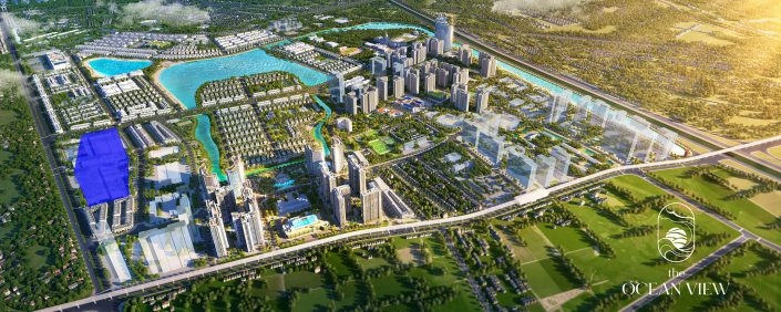 Bản đồ tổng thể quy hoạch khu đô thị The Ocean View nhìn từ trên cao với các tòa nhà, hồ nước và khu vực xanh.